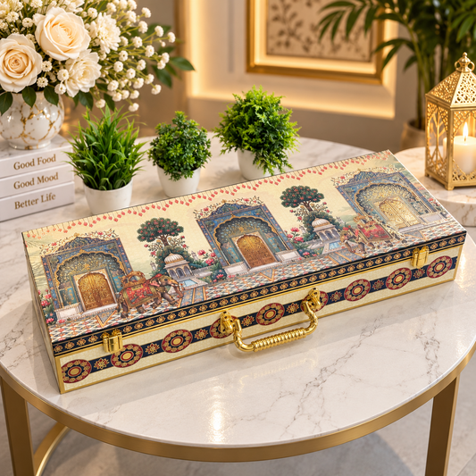 Closed ivory, royal blue and gold Mughal palace Scodix printed MDF dry fruit gift box with 5 tins