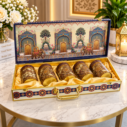 Open ivory, royal blue and gold Mughal palace Scodix printed MDF dry fruit gift box with 5 decorative tins