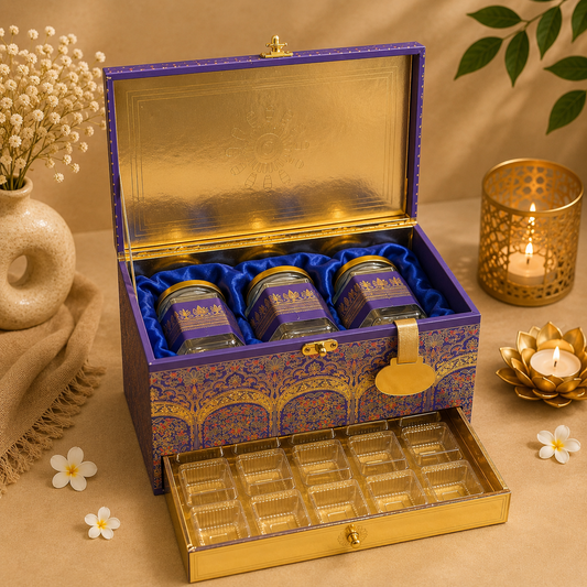 Kenzio blue Scodix printed MDF gift box with three 200 ml jars and 24 cavity chocolate tray - open view