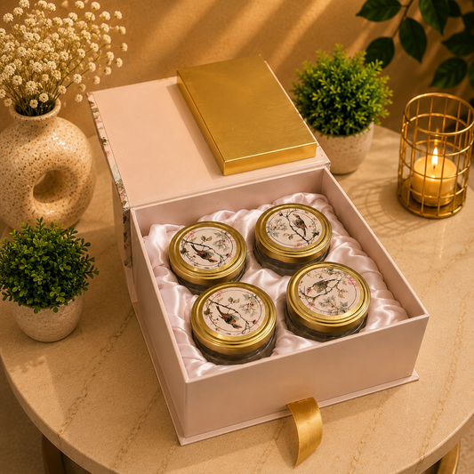 Kenzio blush pink and champagne gold Scodix printed MDF gift box with four 300 ml jars - open view