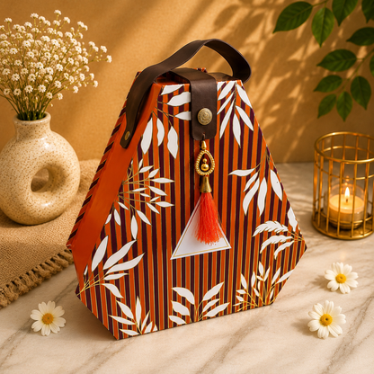 Kenzio burnt orange burgundy and ivory Scodix printed MDF dry fruit gift box with three jars - closed view