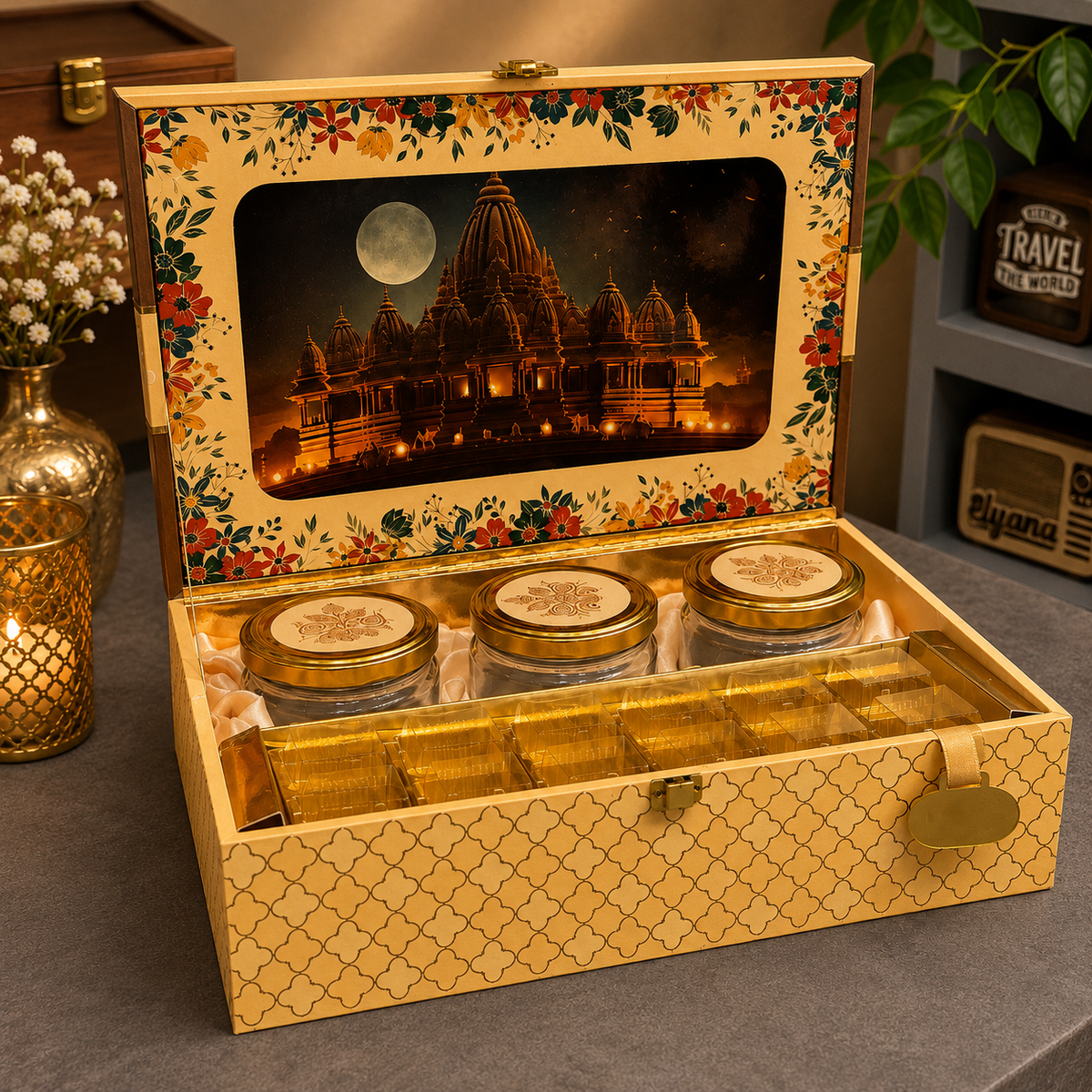 Kenzio champagne gold and mocha brown Scodix printed MDF gift box with three 300 ml jars and 8 cavity chocolate tray - open view
