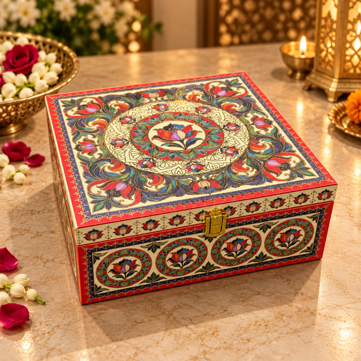 Kenzio coral red ivory lotus mandala Scodix printed 4 jar dry fruit gift box closed view