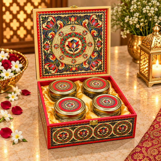 Kenzio coral red ivory lotus mandala Scodix printed 4 jar dry fruit gift box open view