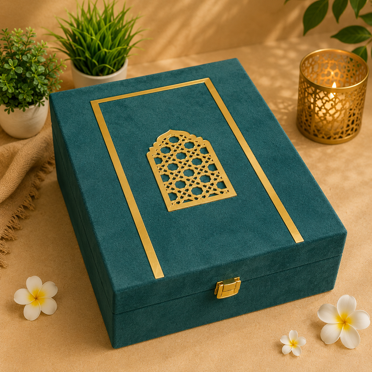 Dark green velvet MDF gift box with gold detailing, 13 x 9 x 3.5 inch