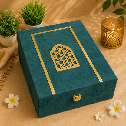 Dark green velvet MDF gift box with gold detailing, 13 x 9 x 3.5 inch