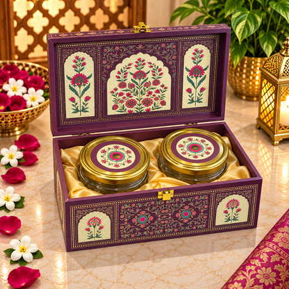 Kenzio deep wine maroon and ivory floral Scodix printed 2 jar dry fruit gift box open view