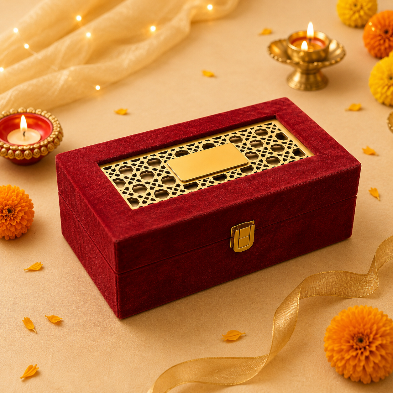 Premium red velvet MDF Diwali dry fruit gift box with golden decorative top plate