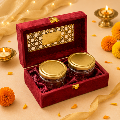 Open red velvet MDF Diwali dry fruit gift box with two 350 ml glass jars