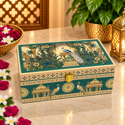 Kenzio emerald teal and ivory peacock Scodix printed MDF dry fruit gift box with 2 jars - closed view