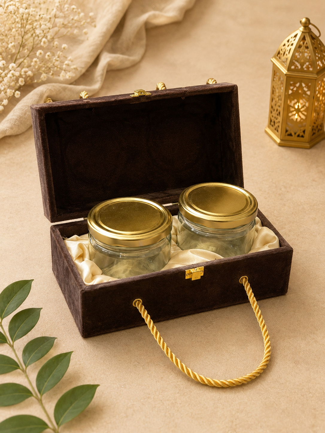 Kenzio espresso brown and gold MDF velvet gift box with three 350 ml jars - open view