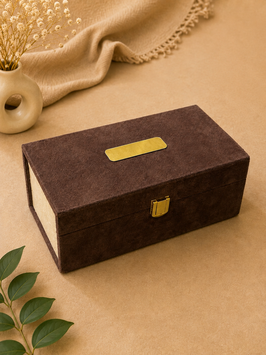 Kenzio espresso brown and ivory velvet MDF dry fruit gift box with two 300 ml jars - closed view