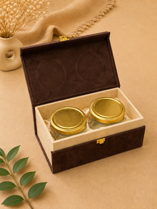 Kenzio espresso brown and ivory velvet MDF dry fruit gift box with two 300 ml jars - open view