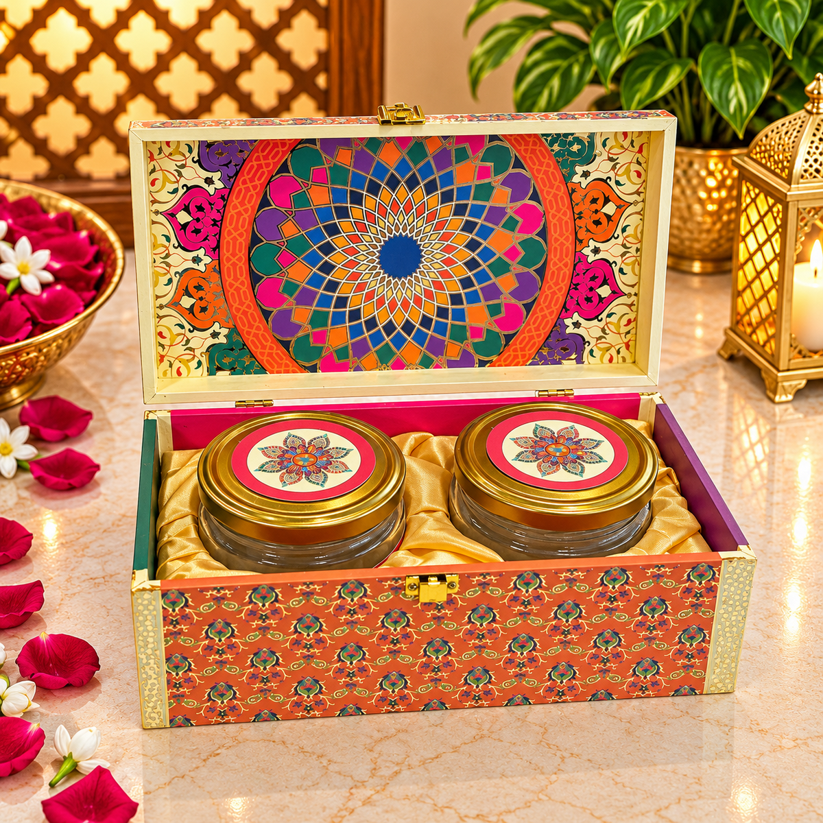 Kenzio festive multicolour mandala Scodix printed 2 jar dry fruit gift box open view