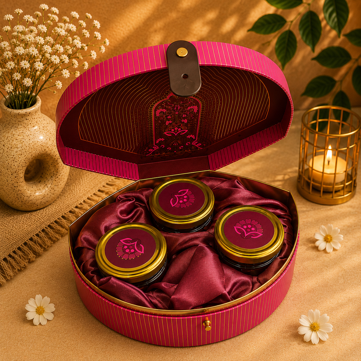 Kenzio fuchsia pink and gold Scodix printed MDF gift box with three 300 ml jars - open view