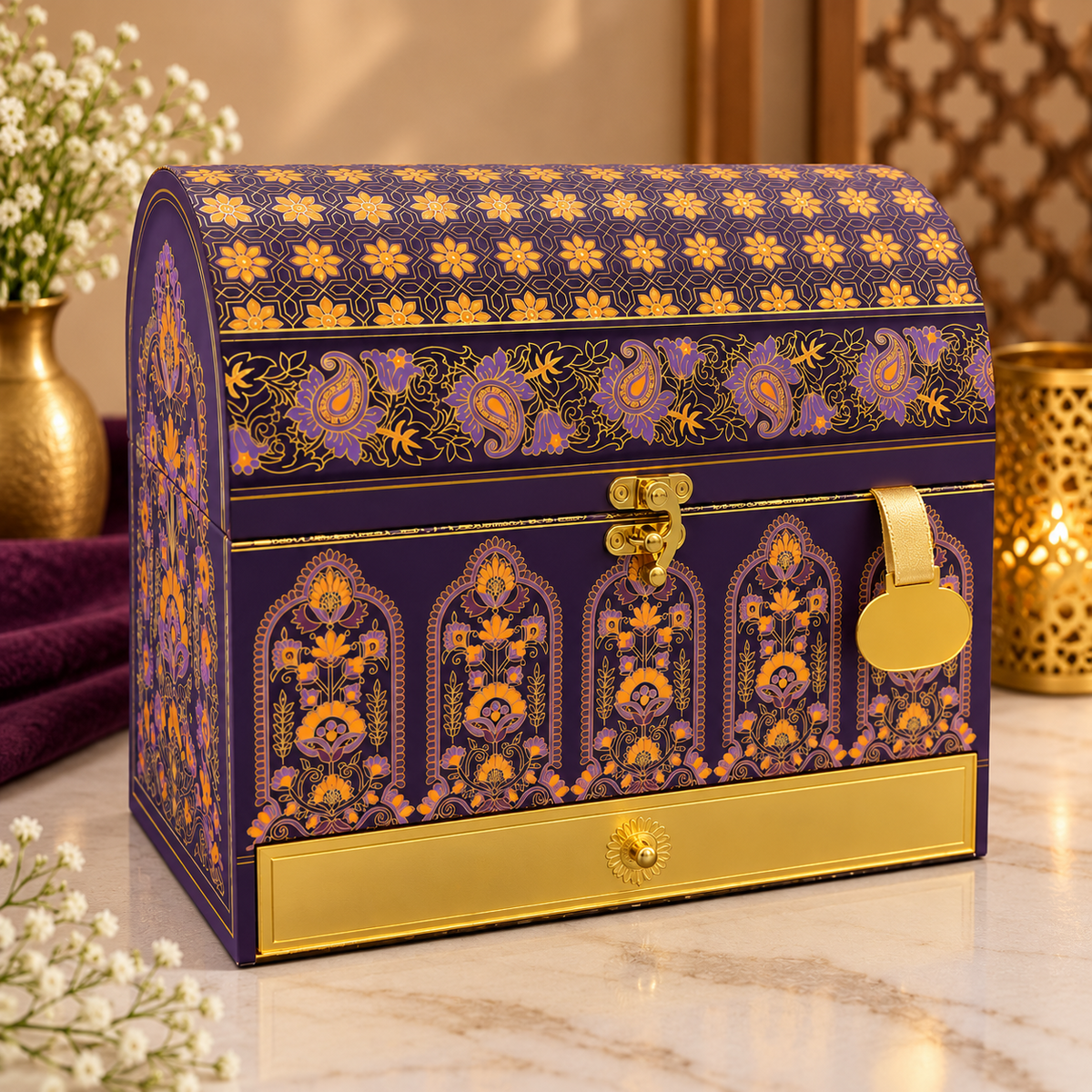 Imperial plum and gold Scodix printed MDF dry fruit gift box with 3 jars - closed view