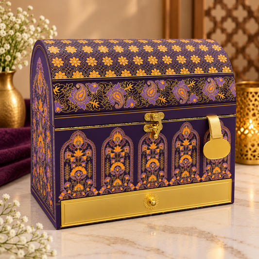 Imperial plum and gold Scodix printed MDF dry fruit gift box with 3 jars - closed view