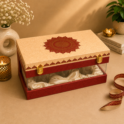 Kenzio ivory cream and deep red Scodix printed MDF dry fruit gift box with six jars - closed view