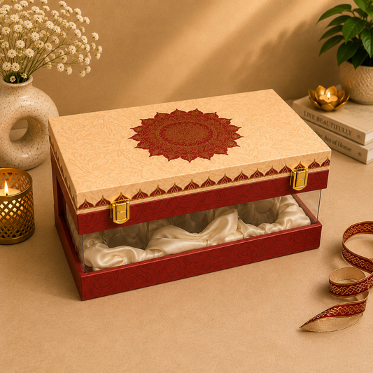 Kenzio ivory cream and deep red Scodix printed MDF dry fruit gift box with six jars - closed view
