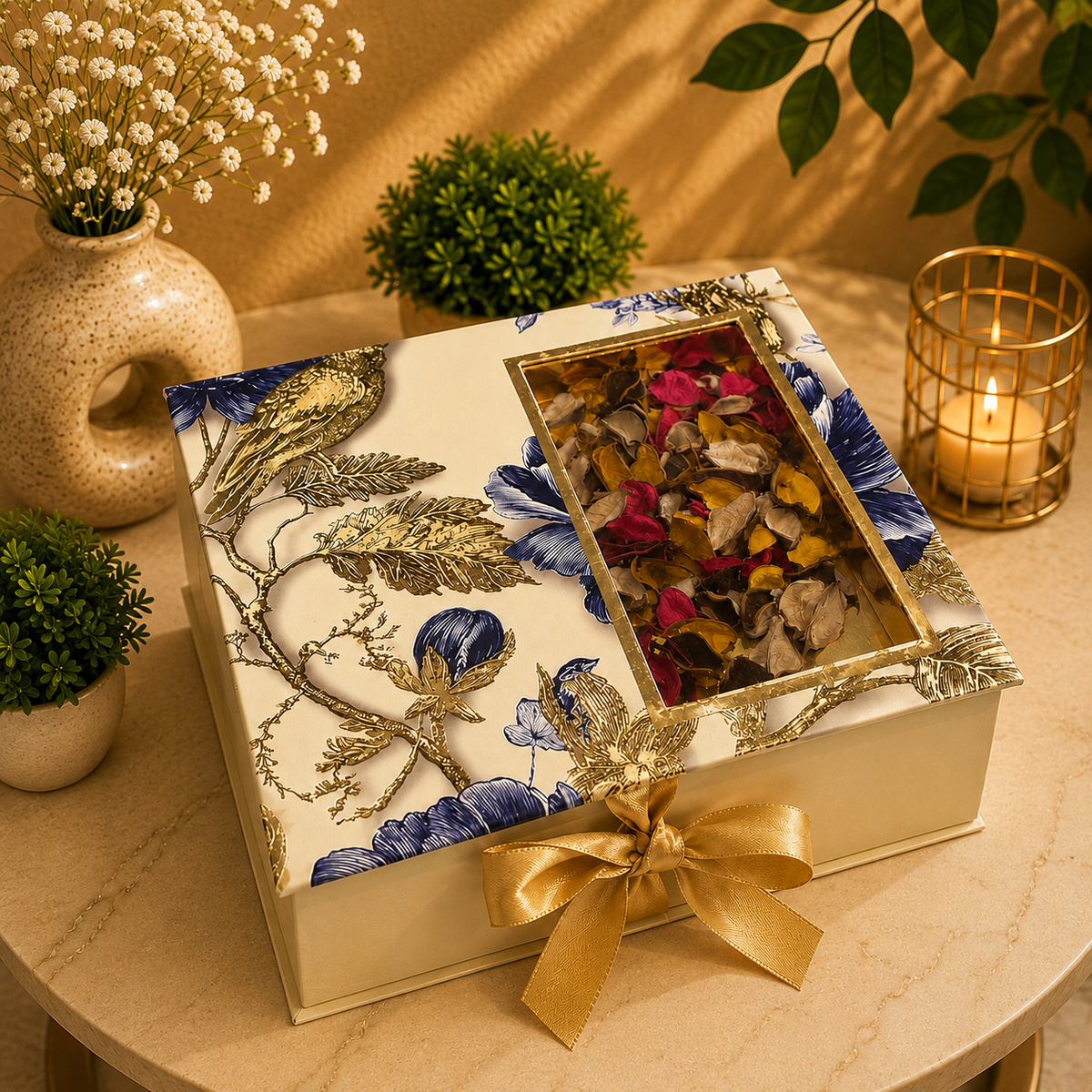 Kenzio ivory cream royal blue and gold Scodix printed MDF dry fruit gift box with four jars - closed view