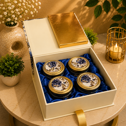Kenzio ivory cream royal blue and gold Scodix printed MDF gift box with four 300 ml jars - open view