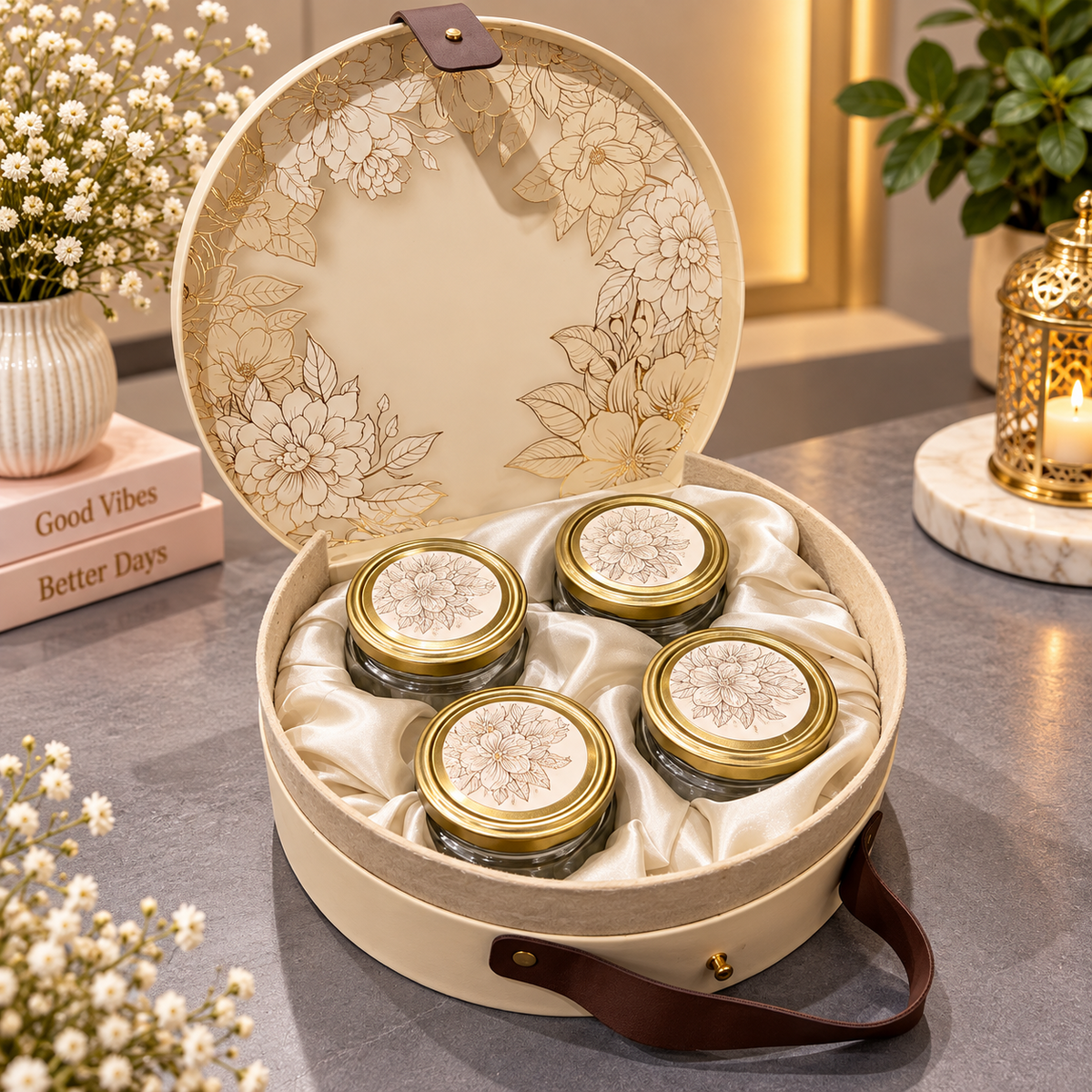 Kenzio ivory cream and walnut brown round Kappa board dry fruit gift box with 4 jars - open view