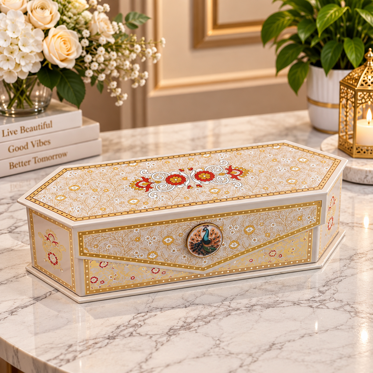 Kenzio ivory pearl and antique gold Kappa Board dry fruit gift box with 3 jars closed view
