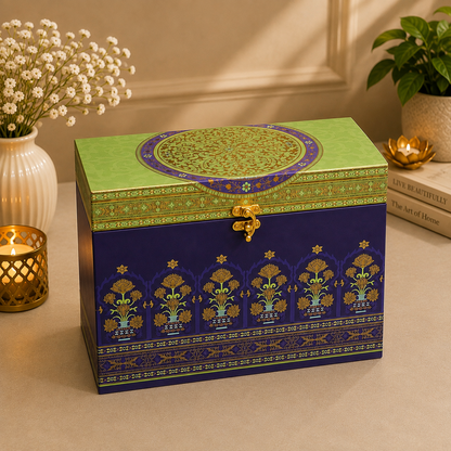Kenzio lime green and royal purple Scodix printed MDF dry fruit gift box with three jars - closed view