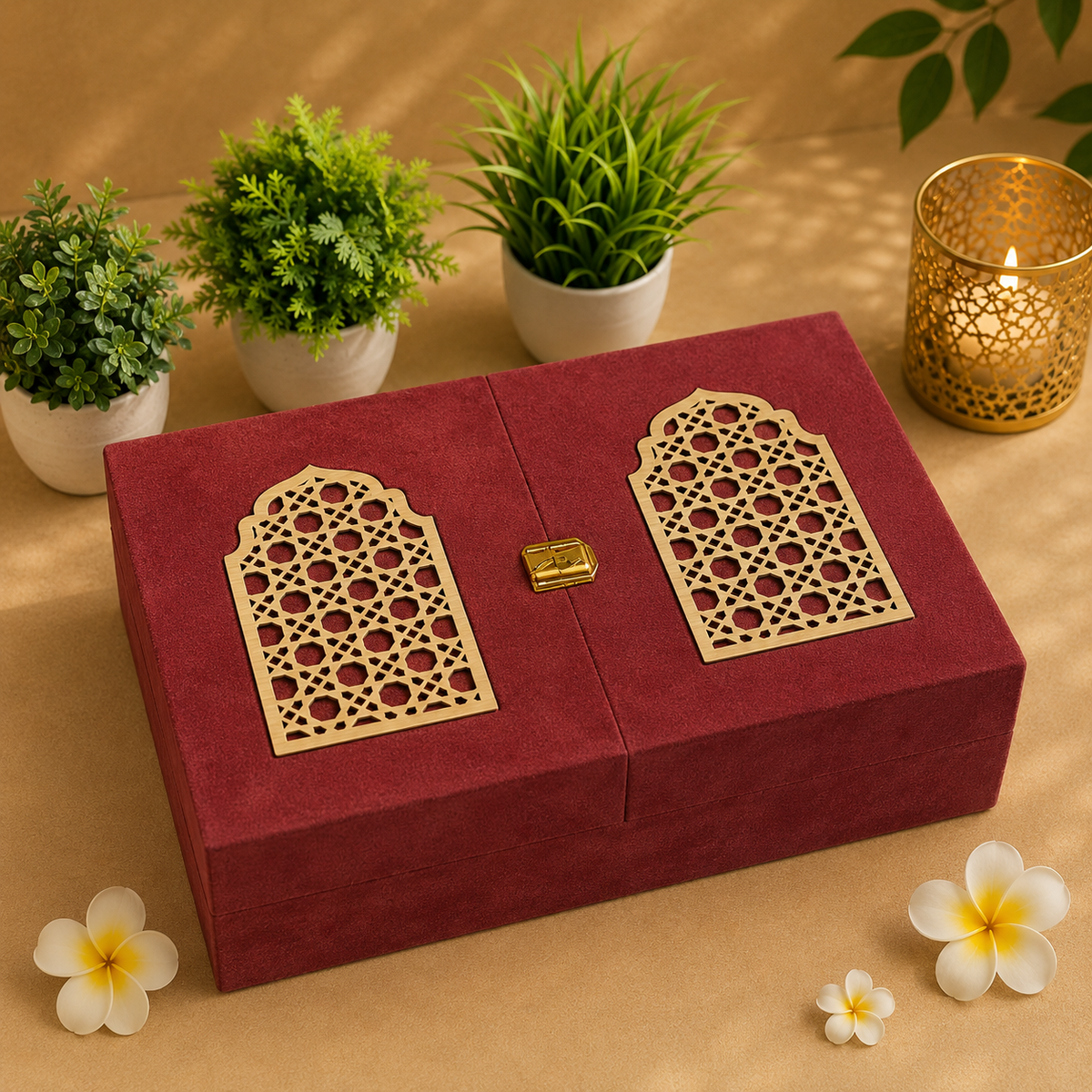 Kenzio maroon velvet MDF gift box with gold decorative panels and latch