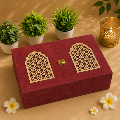 Kenzio maroon velvet MDF gift box with gold decorative panels and latch