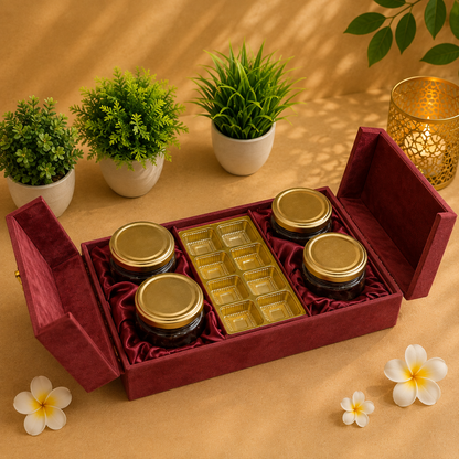 Open Kenzio maroon velvet MDF gift box with four 350 ml jars and 8-cavity chocolate tray