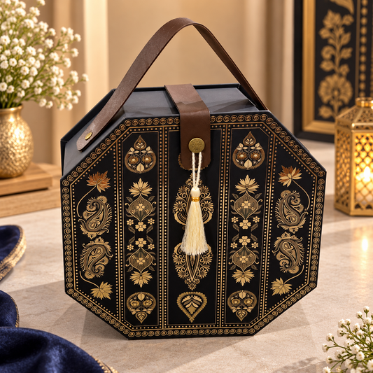 Midnight black and antique gold octagonal Kappa board dry fruit gift box with 4 jars - closed view