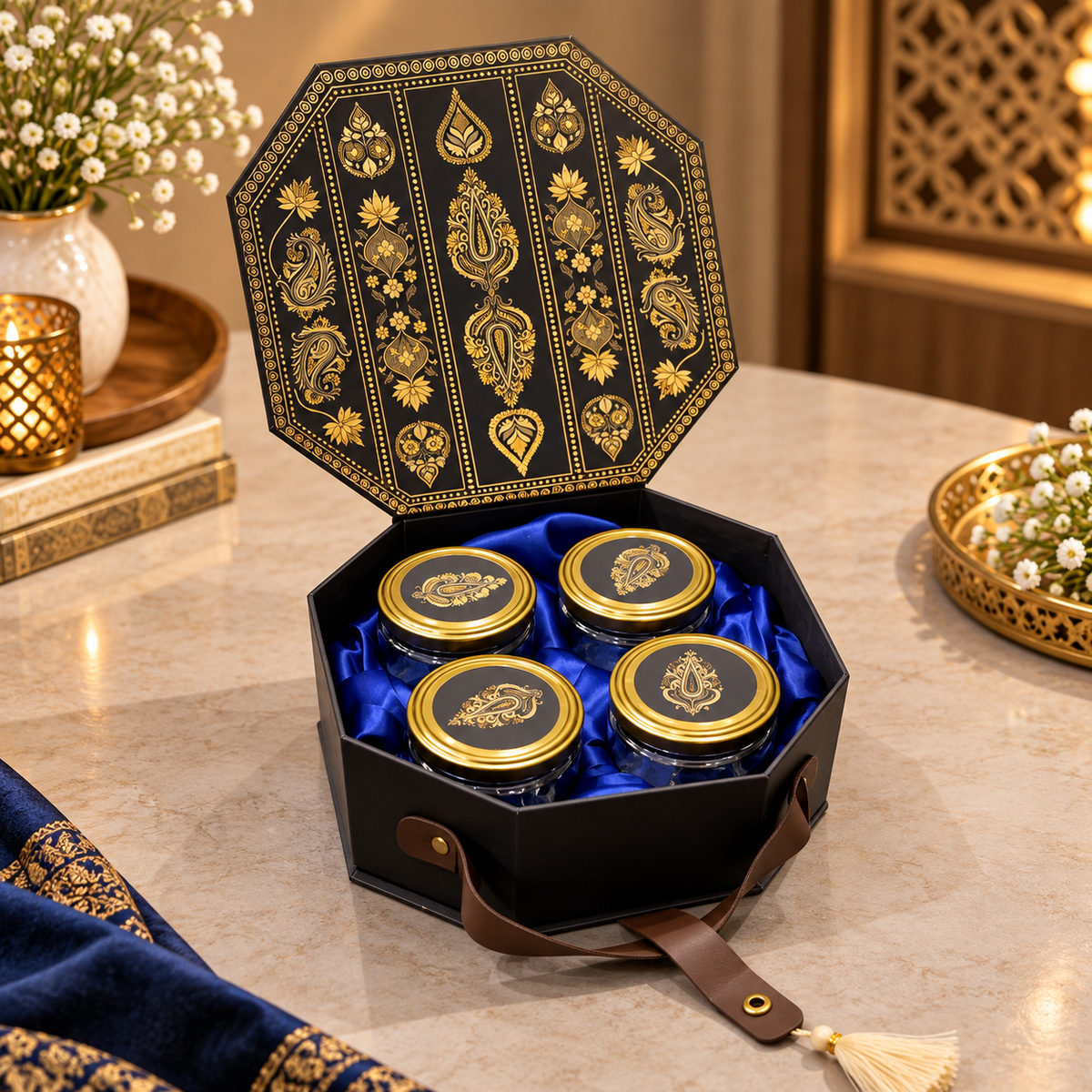 Midnight black and antique gold octagonal Kappa board dry fruit gift box with 4 jars - open view