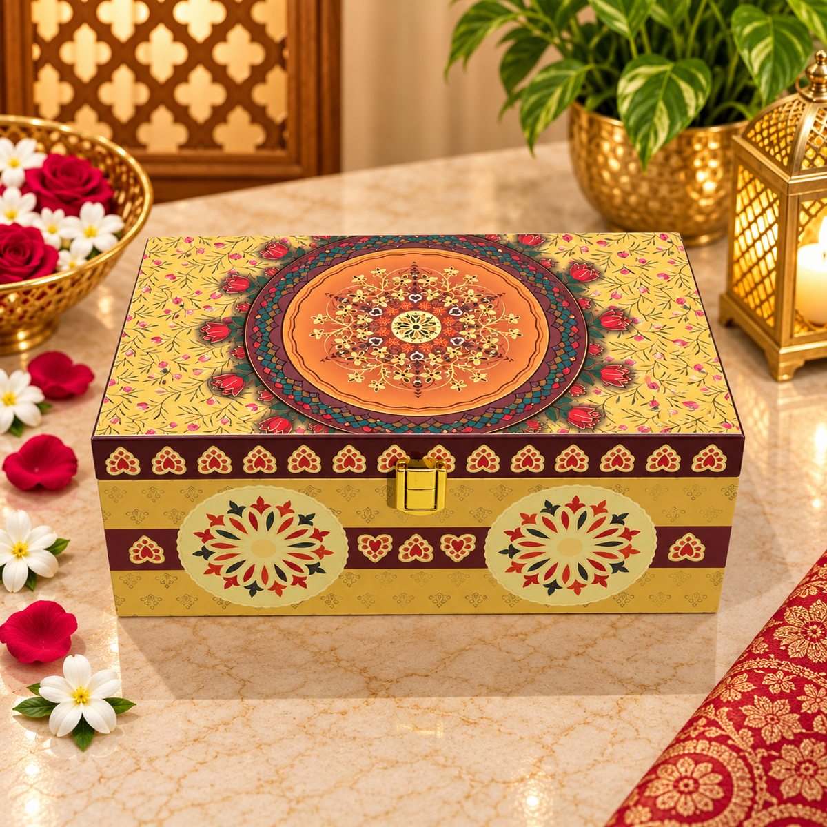 Kenzio mustard gold and deep maroon mandala floral Scodix printed 2 jar dry fruit gift box closed view