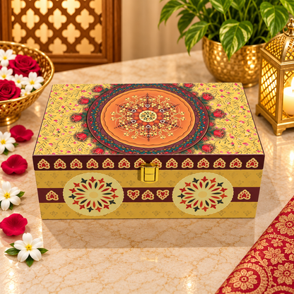 Kenzio mustard gold and deep maroon mandala floral Scodix printed 2 jar dry fruit gift box closed view