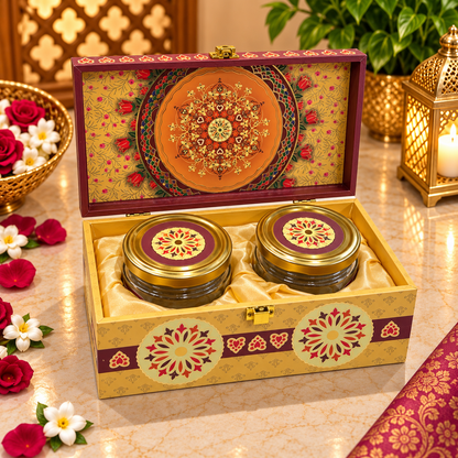 Kenzio mustard gold and deep maroon mandala floral Scodix printed 2 jar dry fruit gift box open view