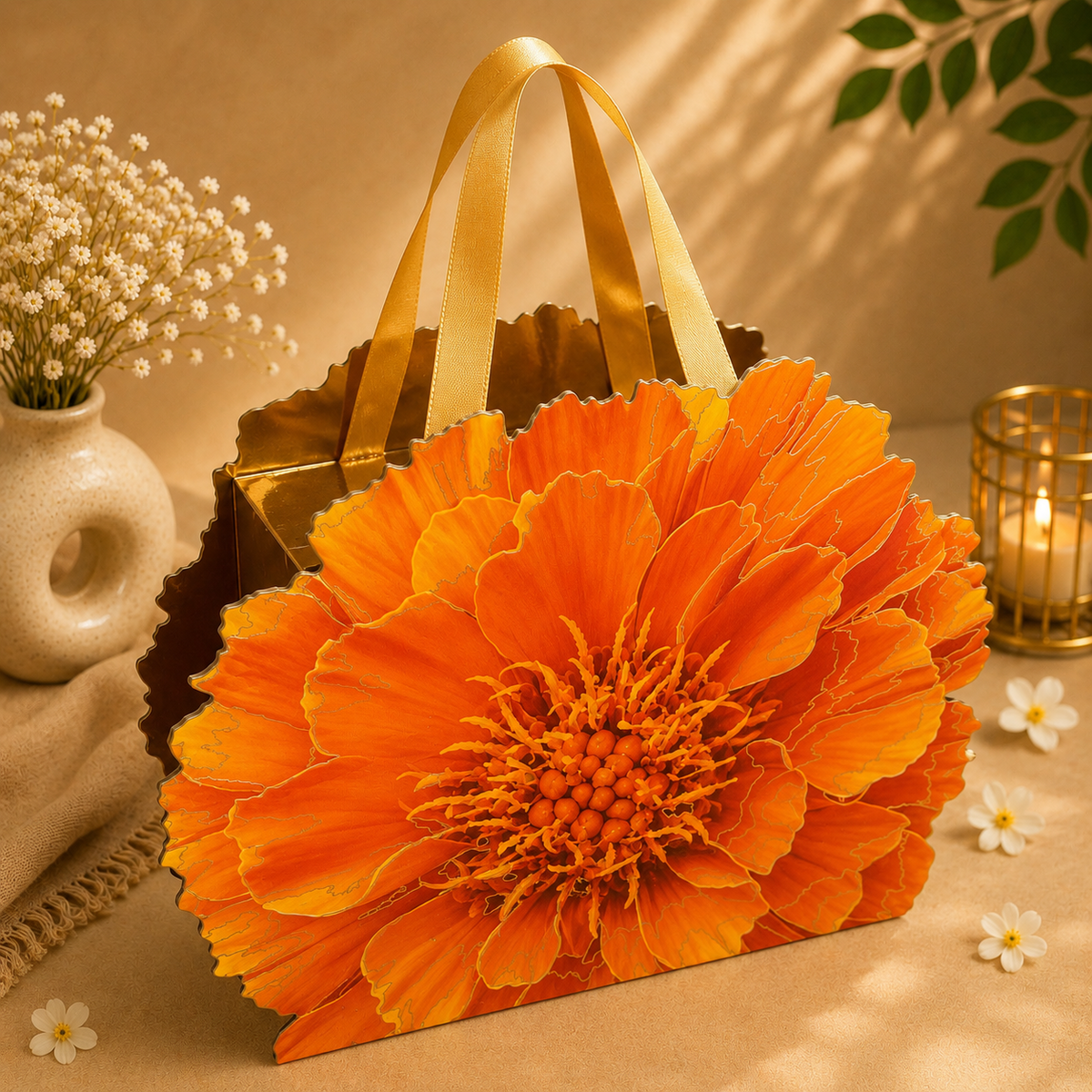Kenzio orange Scodix printed MDF floral gift box with handle - closed view