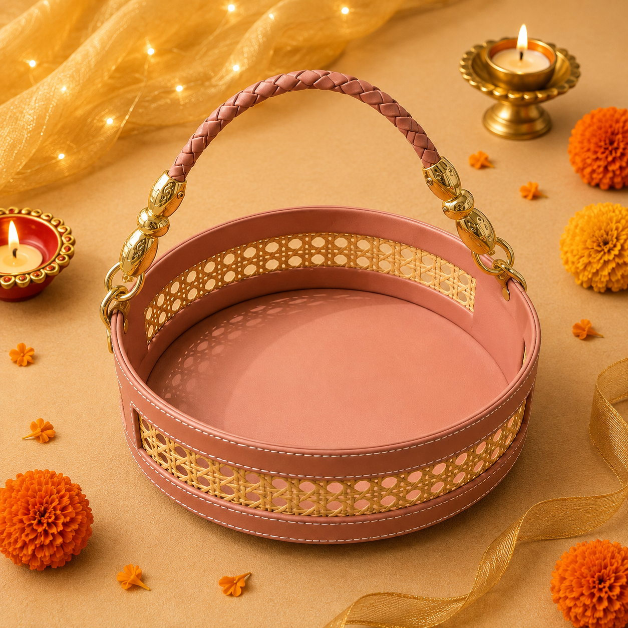 Kenzio peach leatherette and rattan round hamper tray with braided handle