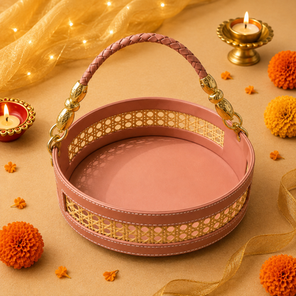 Kenzio peach leatherette and rattan round hamper tray with braided handle