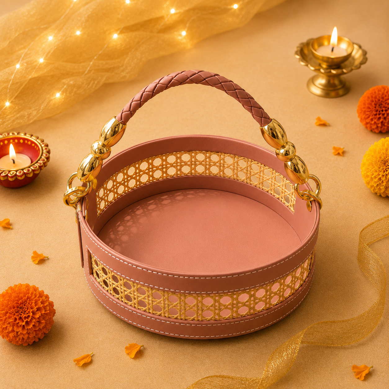 Peach leatherette rattan gifting tray front view with gold hardware handle