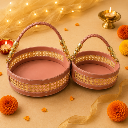 Kenzio peach leatherette and rattan hamper trays shown in 8x8 inch and 10x10 inch sizes