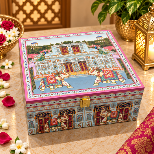Kenzio powder blue rani pink ivory elephant palace Scodix printed 4 jar dry fruit gift box closed view