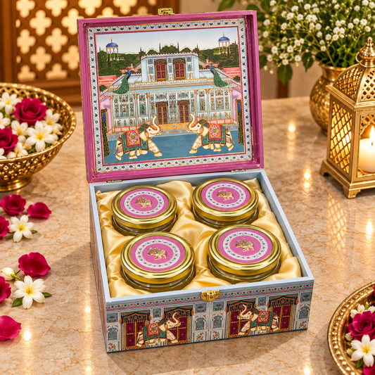 Kenzio powder blue rani pink ivory elephant palace Scodix printed 4 jar dry fruit gift box open view