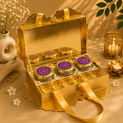 Kenzio purple Scodix printed MDF gift box with three 300 ml jars and 6 cavity chocolate tray - open view