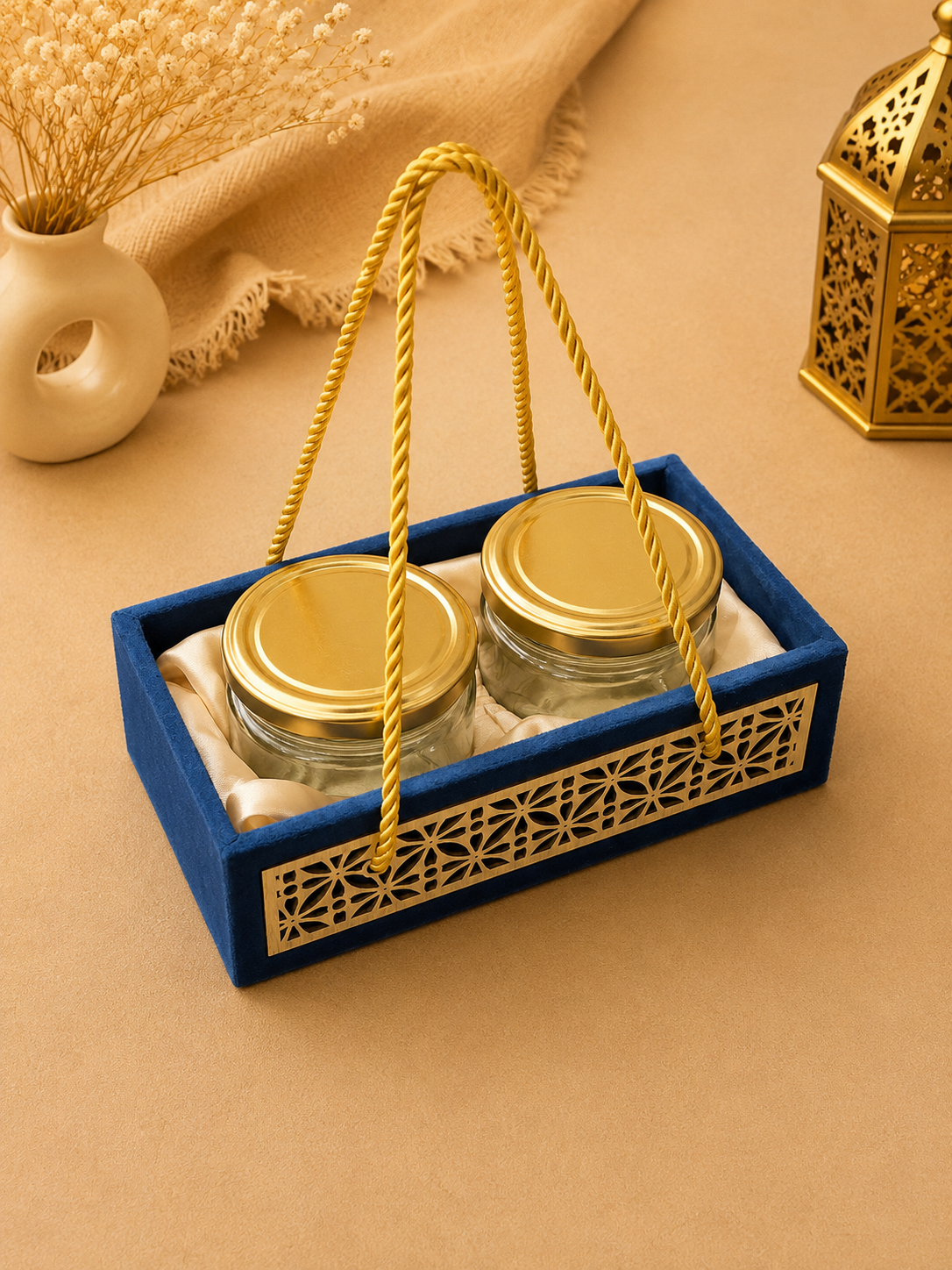 Kenzio royal blue velvet MDF dry fruit gift tray with two 300 ml jars and gold detailing