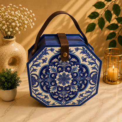 Kenzio royal blue and ivory cream octagonal Scodix printed MDF dry fruit gift box with four jars - closed view