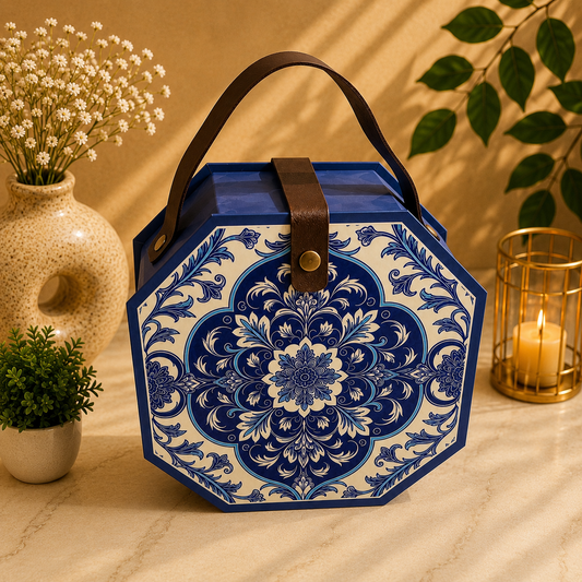 Kenzio royal blue and ivory cream octagonal Scodix printed MDF dry fruit gift box with four jars - closed view