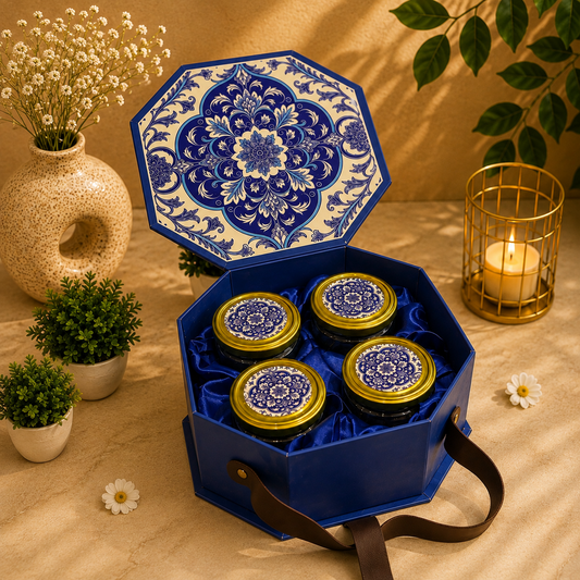 Kenzio royal blue and ivory cream octagonal Scodix printed MDF gift box with four 300 ml jars - open view
