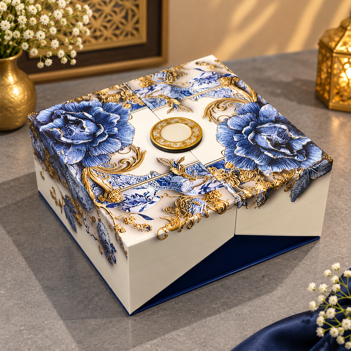 Kenzio royal cobalt blue ivory floral Kappa Board dry fruit and chocolate gift box closed view