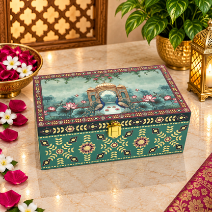 Kenzio royal emerald green and burgundy peacock lotus Scodix printed 2 jar dry fruit gift box closed view